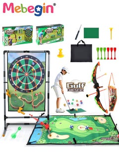 MEBEGIN 3 in 1 Double-sided Golf Mat Set with Storage Bag, Golf and Dart Practice Mat Set with Golf Club, 12 Sticky Balls and 10 Darts, Bow and Arrow Game Set with Arrow Bag and 6 Arrows, Suitable for Family Gatherings, Parties, School Events or Any Indoor Outdoor Activities  - Image 1