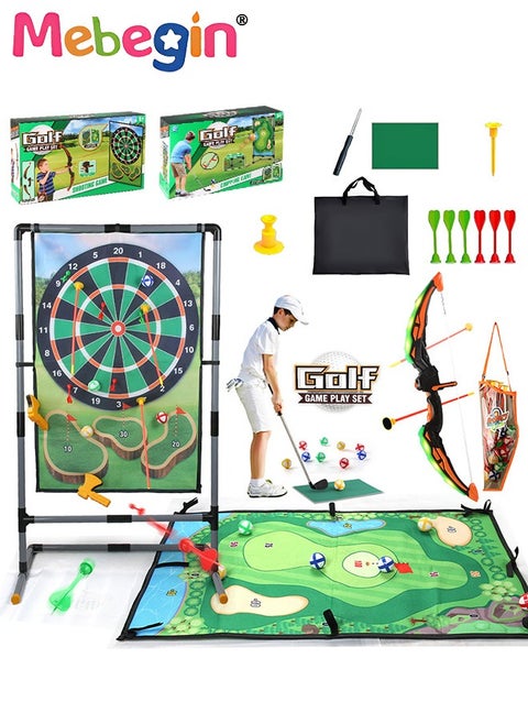 3 in 1 Double-sided Golf Mat Set with Storage Bag, Golf and Dart Practice Mat Set with Golf Club, 12 Sticky Balls and 10 Darts, Bow and Arrow Game Set with Arrow Bag and 6 Arrows, Suitable for Family Gatherings, Parties, School Events or Any Indoor Outdoor Activities