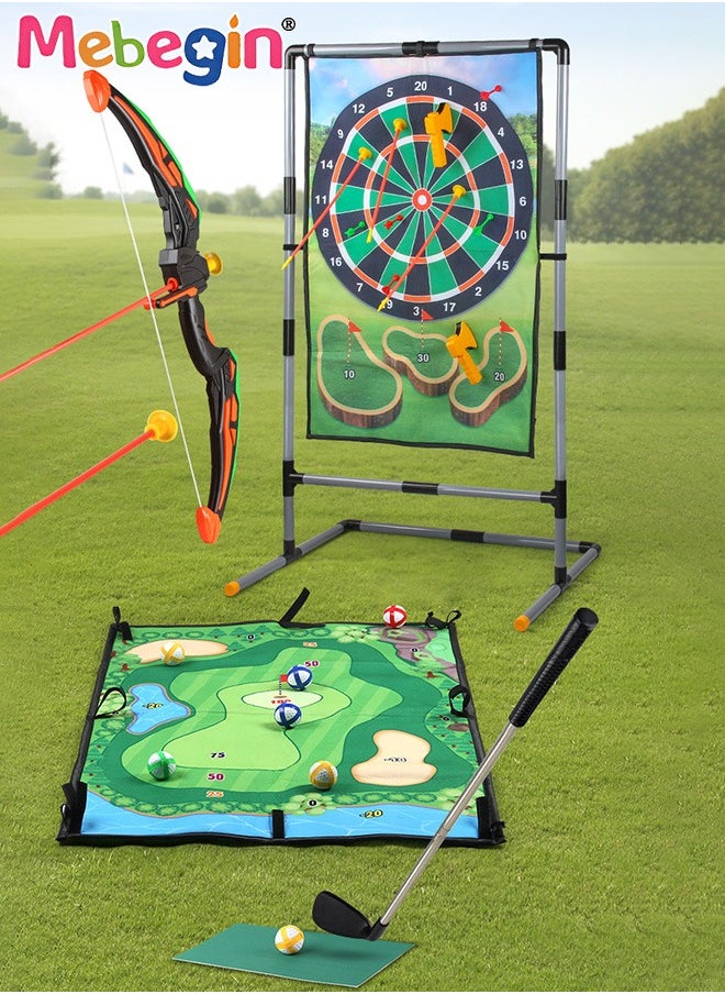 MEBEGIN - 3 in 1 Double-sided Golf Mat Set with Storage Bag, Golf and Dart Practice Mat Set with Golf Club, 12 Sticky Balls and 10 Darts, Bow and Arrow Game Set with Arrow Bag and 6 Arrows, Suitable for Family Gatherings, Parties, School Events or Any Indoor Outdoor Activities - Image 1