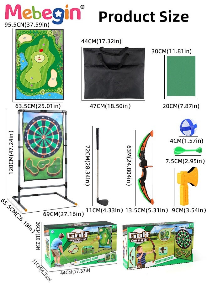 MEBEGIN - 3 in 1 Double-sided Golf Mat Set with Storage Bag, Golf and Dart Practice Mat Set with Golf Club, 12 Sticky Balls and 10 Darts, Bow and Arrow Game Set with Arrow Bag and 6 Arrows, Suitable for Family Gatherings, Parties, School Events or Any Indoor Outdoor Activities - Image 1