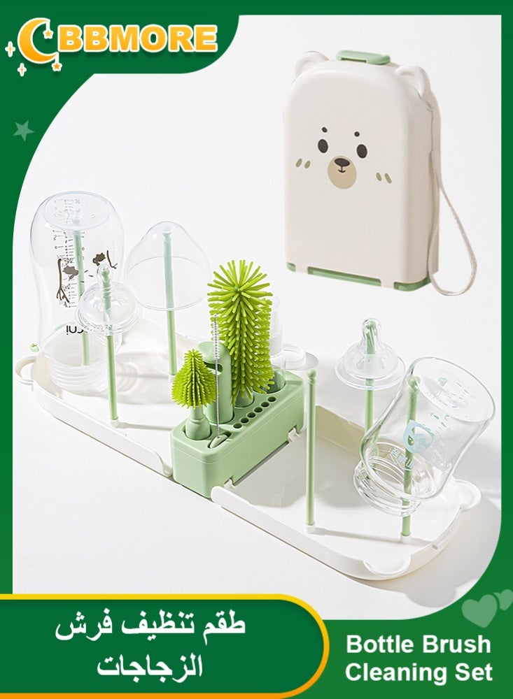 BBMORE 6 in 1 Bottle Cleaning Brush Set, Travel Baby Bottle Cleaner Kit with Nipple Brush, Silicone Bottle Brush, Straw Cleaner Brush, Soap Dispenser, Bottle Drying Rack(Green Bear) - Image 1