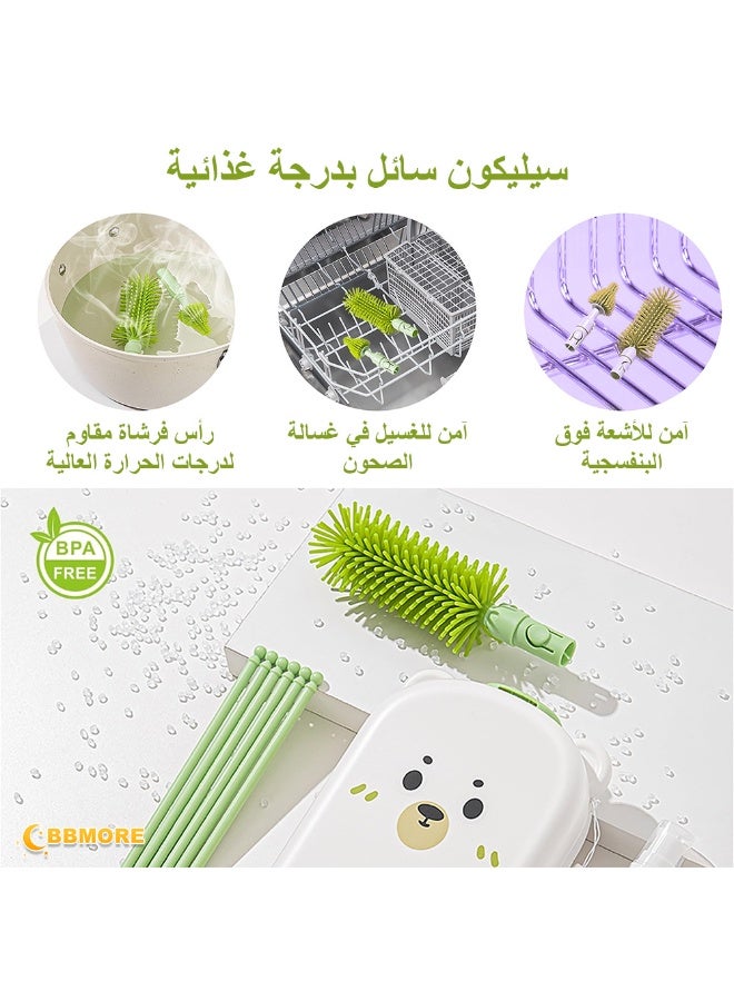BBMORE 6 in 1 Bottle Cleaning Brush Set, Travel Baby Bottle Cleaner Kit with Nipple Brush, Silicone Bottle Brush, Straw Cleaner Brush, Soap Dispenser, Bottle Drying Rack(Green Bear) - Image 3