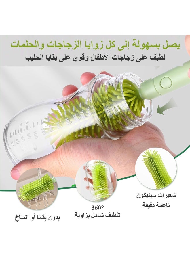 بي بي مور طقم فرش تنظيف زجاجات 6 في 1، فرشاة تنظيف زجاجات السفر للأطفال مع فرشاة الحلمة، وفرشاة السيليكون، وفرشاة تنظيف الشفاطات، وموزع الصابون، وحامل تجفيف الزجاجات (الدب الأخضر) - Image 4