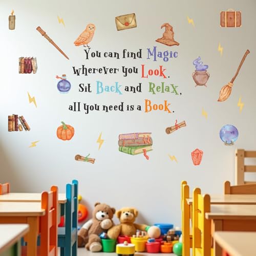 YIMEHDAN Magic Reading Book Wall Decal, You Can Find Magic Education Inspirational Quote Vinyl Wall Stickers, Removable Watercolor Reading Artwork for Kindergarten Classroom Llibrary Playroom Decor - Image 2