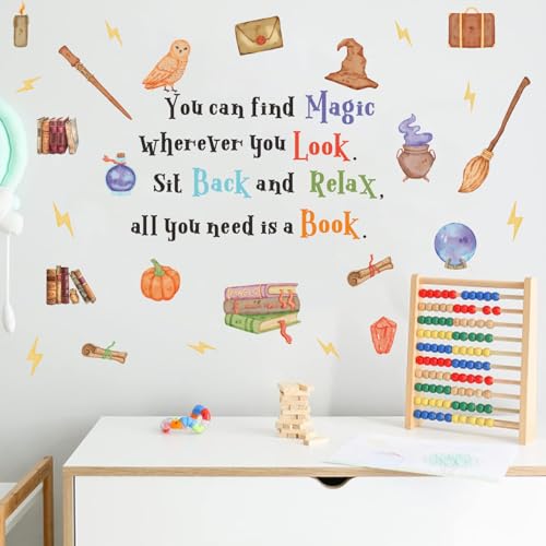 YIMEHDAN Magic Reading Book Wall Decal, You Can Find Magic Education Inspirational Quote Vinyl Wall Stickers, Removable Watercolor Reading Artwork for Kindergarten Classroom Llibrary Playroom Decor - Image 3