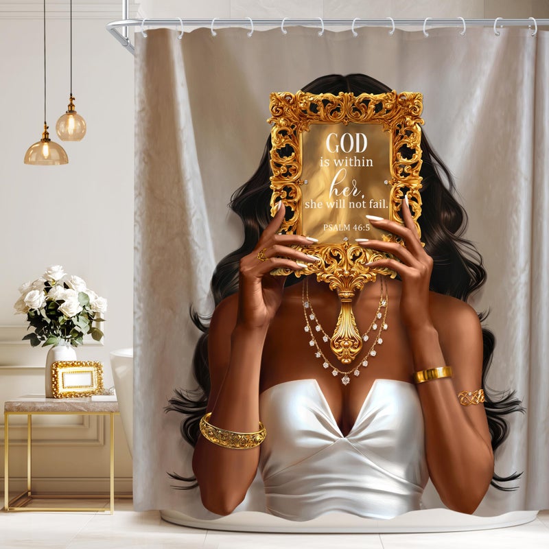 Cinbloo African American 60Wx72H Shower Curtain Black Girl Golden Mirrow Inspirational Quotes Modern Black Woman Fashion Positive Girly Bathroom Curtain Set Afro Lady Bath Bathroom Accessories Decor - Image 1