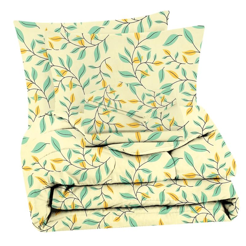 BSB HOME 350TC Glace Cotton AC Comforter Set King Size Double Bed with 1 Flat bedsheet & Two King Pillow Covers, 4 Pieces Bedding Set (90x90 inch, Light Green & Yellow) - Image 1