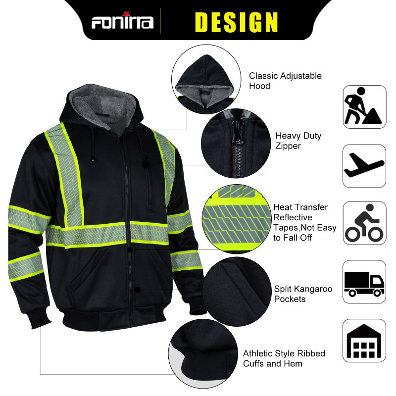 FONIRRA Men's High Visibility Safety ANSI Class 3 Lined Fleece Hoodie Sweatshirt with Black Bottom Jumper Workwear for Men(Black,XL) - Image 2