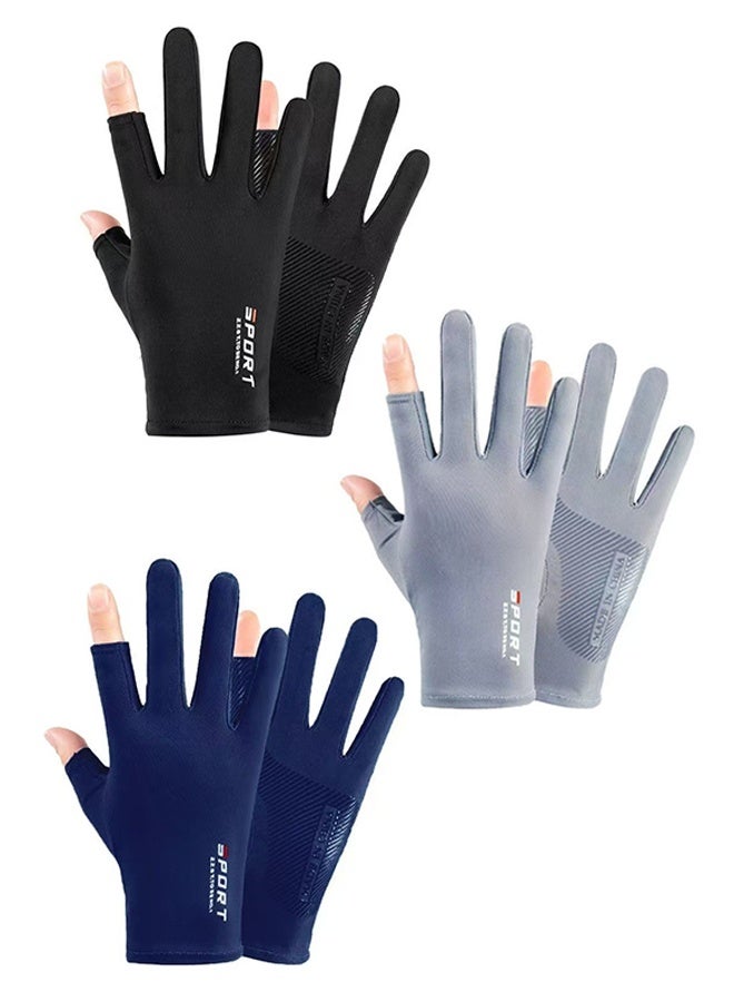 SPORT 3 Pcs Men's Ice Silk Non Slip Gloves Breathable Thin High Elasticity Anti UV Touch Screen Gloves Ideal for Driving Riding Outdoor Sports Cycling Fishing Daily Commute,Gray and Black - Image 1