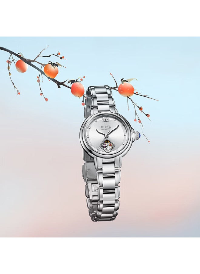Fiyta Charming Series "persimmon Prosperity" Themed Skeleton Dial Steel Strap Mechanical Women's Watch, Women's Day Gift - Image 3