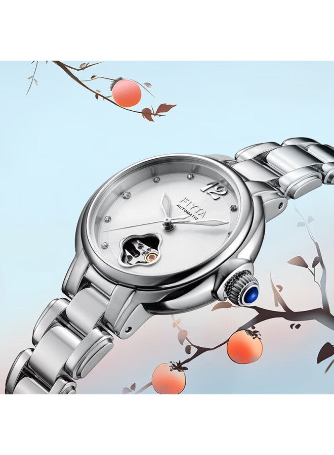 Fiyta Charming Series "persimmon Prosperity" Themed Skeleton Dial Steel Strap Mechanical Women's Watch, Women's Day Gift - Image 4