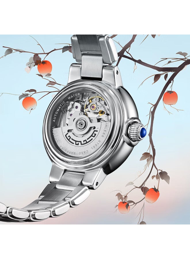 Fiyta Charming Series "persimmon Prosperity" Themed Skeleton Dial Steel Strap Mechanical Women's Watch, Women's Day Gift - Image 5