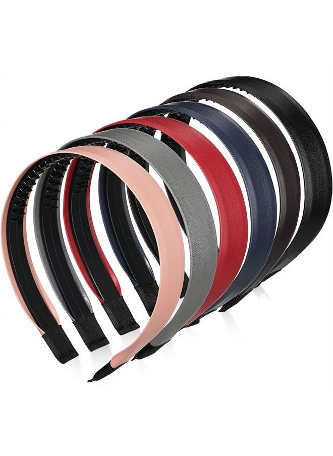 WILLBOND 6 Pieces Skinny Leather Covered Headband Plastic Simple Headbands for Women Girls Hairbands Hair Hoop Solid Color Headband (Matte Pink, Wine Red, Navy Blue, Coffee, Black and Grey, 2.5cm)  - Image 1