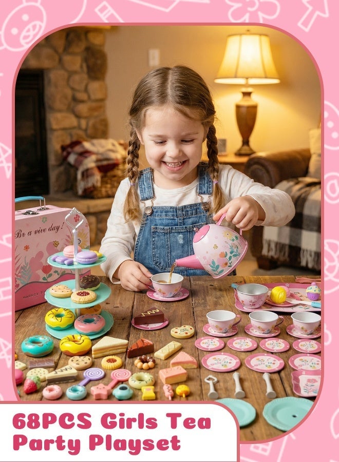 Arabayt Princess Tea Party Toy Set 68PCS for Girls, Pretend Play Kitchen Tea Set with Desserts, Teapot, Cups, Tray & Carry Case, Role Play Educational Toy for Kids Age 3+ - Image 1