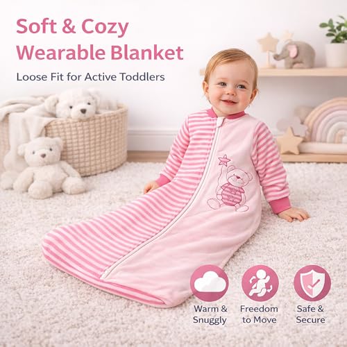BLOOMSTAR Baby Sleep Sack Long Sleeves (18-36 Months) Cotton Velvet Wearable Blanket with Arms Toddler, 4 Seasons, 3t,Tog 2.0 Warm Soft, Girl Pink Color, 2 way zip S 18-24M - Image 4