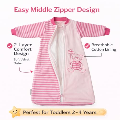 BLOOMSTAR Baby Sleep Sack Long Sleeves (18-36 Months) Cotton Velvet Wearable Blanket with Arms Toddler, 4 Seasons, 3t,Tog 2.0 Warm Soft, Girl Pink Color, 2 way zip S 18-24M - Image 3