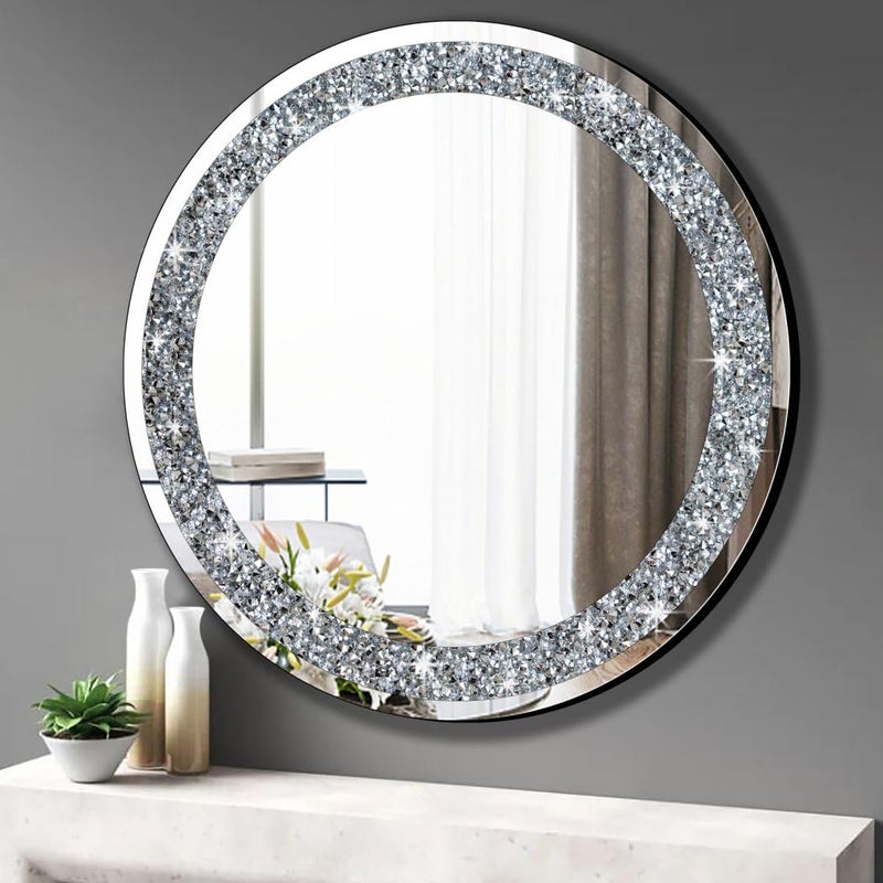 QMDECOR Round Wall Mirror 28x28 inch Crystal Crush Diamond Decor for Home Decoration Silver Mirror. - Image 1