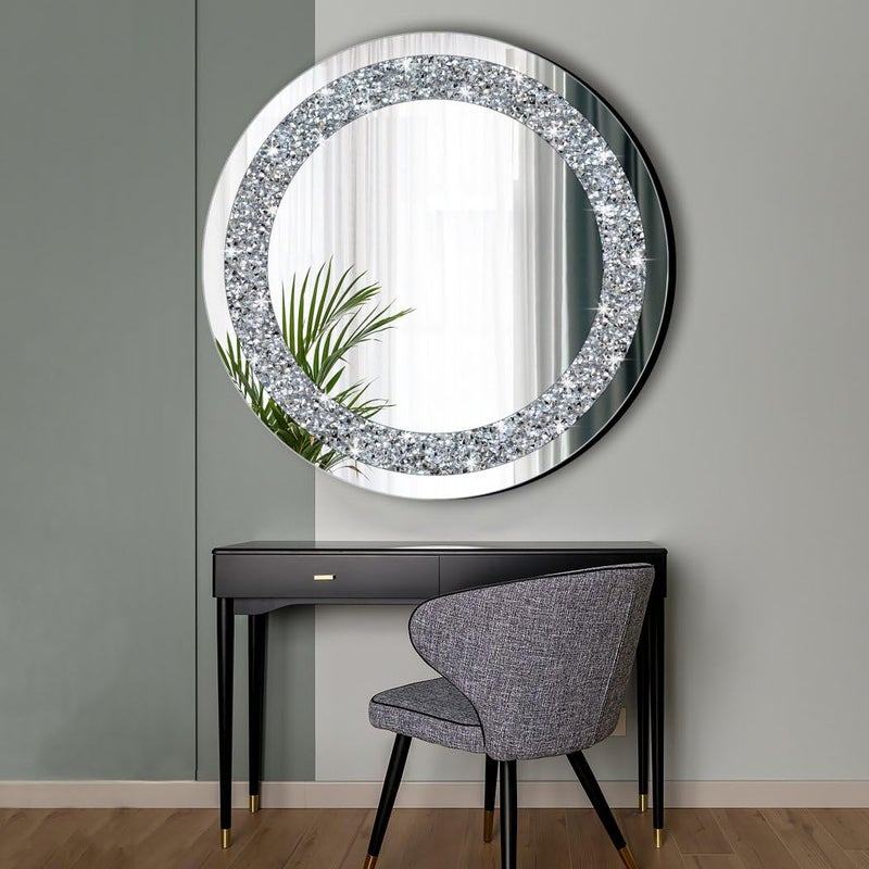 QMDECOR Round Wall Mirror 28x28 inch Crystal Crush Diamond Decor for Home Decoration Silver Mirror. - Image 3
