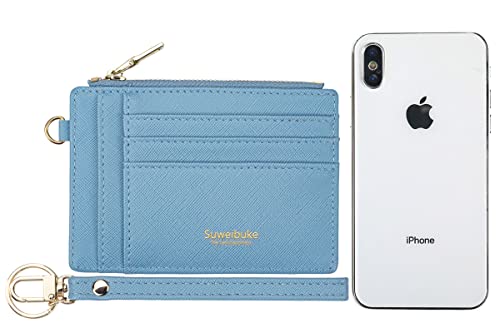 Wikavanli Women Slim Rfid Blocking Credit Card Case Holder Wristlet Zip ID Case Wallet Small Compact Leather Wallet Coin Purse with Keychain (Blue) - Image 3