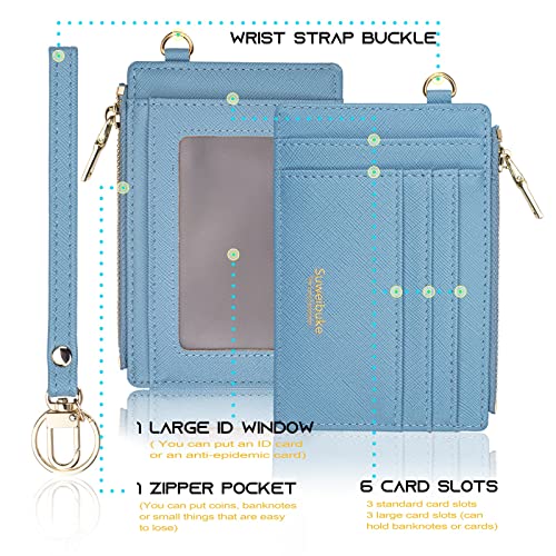 Wikavanli Women Slim Rfid Blocking Credit Card Case Holder Wristlet Zip ID Case Wallet Small Compact Leather Wallet Coin Purse with Keychain (Blue) - Image 5