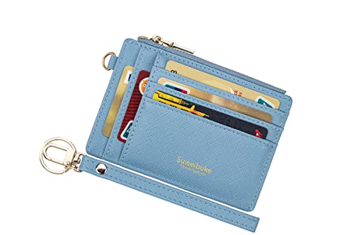 Wikavanli Women Slim Rfid Blocking Credit Card Case Holder Wristlet Zip ID Case Wallet Small Compact Leather Wallet Coin Purse with Keychain (Blue) - Image 1