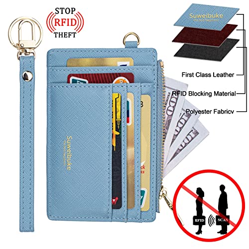 Wikavanli Women Slim Rfid Blocking Credit Card Case Holder Wristlet Zip ID Case Wallet Small Compact Leather Wallet Coin Purse with Keychain (Blue) - Image 4