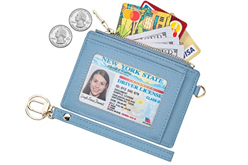Wikavanli Women Slim Rfid Blocking Credit Card Case Holder Wristlet Zip ID Case Wallet Small Compact Leather Wallet Coin Purse with Keychain (Blue) - Image 2