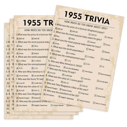 QUPT 70th Birthday Party Games, 1955 Trivia Games, Birthday Party Supplies for Adults, Fun 1955s Party Game, Pack of 30 Cards - Image 1
