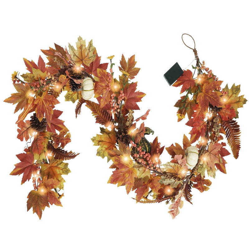 Artgar Fall Garland  6 Ft Maple Leaf Pumpkin Berry Garland  Fall Decor Garlands with 30 Warming Lights for Thanksgiving Halloween Mantel Table Indoor Outdoor Decor