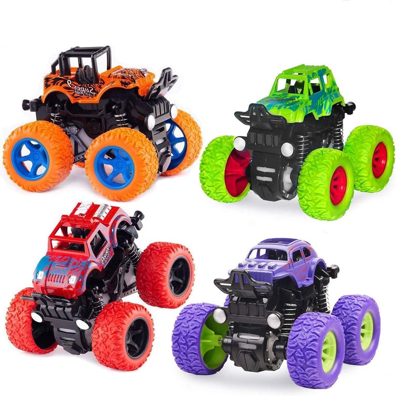 Soofam 4 Pack Monster Truck Toys - Friction Powered Push and Go Stunt Vehicles - Image 1