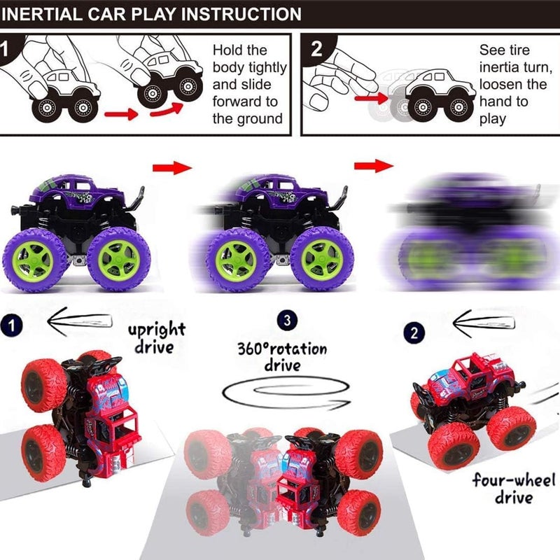 Soofam 4 Pack Monster Truck Toys - Friction Powered Push and Go Stunt Vehicles - Image 5