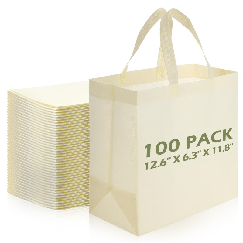 Reginary Reginary Reusable Totes Bags  100 Pcs Non Woven Grocery Handle Bags for Shop Events  Retail StoreBeige 