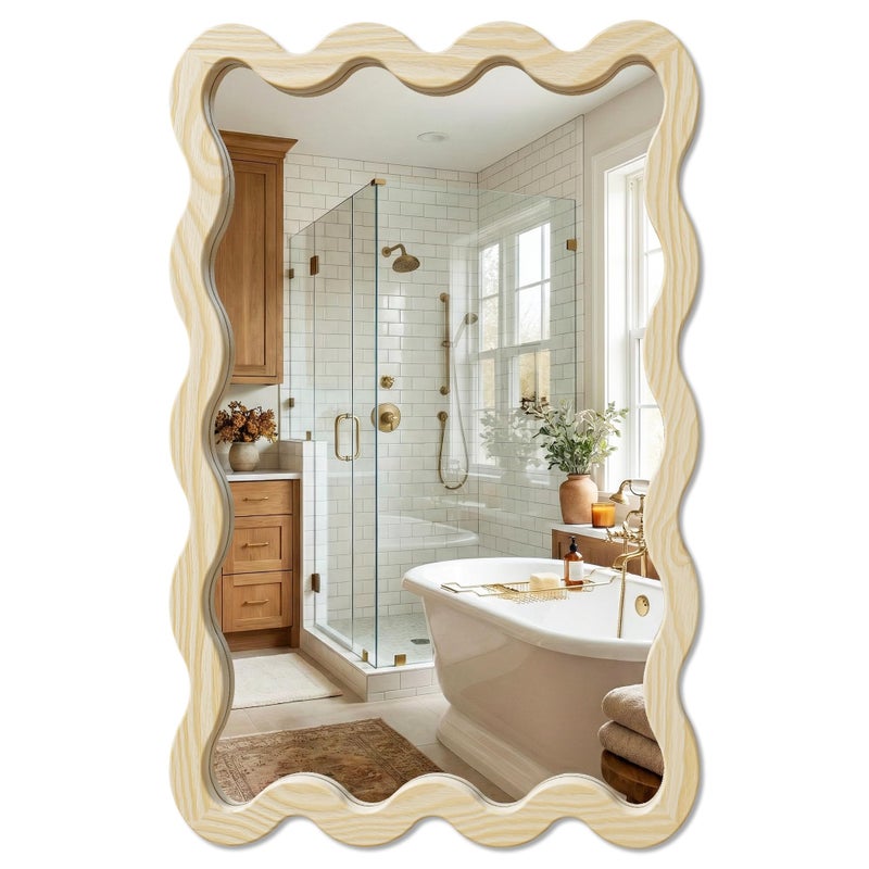 Pocetry 22"x30" Wood Wavy Wall Mirror for Powder Room, Solid Wood Squiggle Mirror for Vanity, Small Asymmetrical Irregular Mirror, Natural Wooden Boho Aesthetic Decor - Image 1