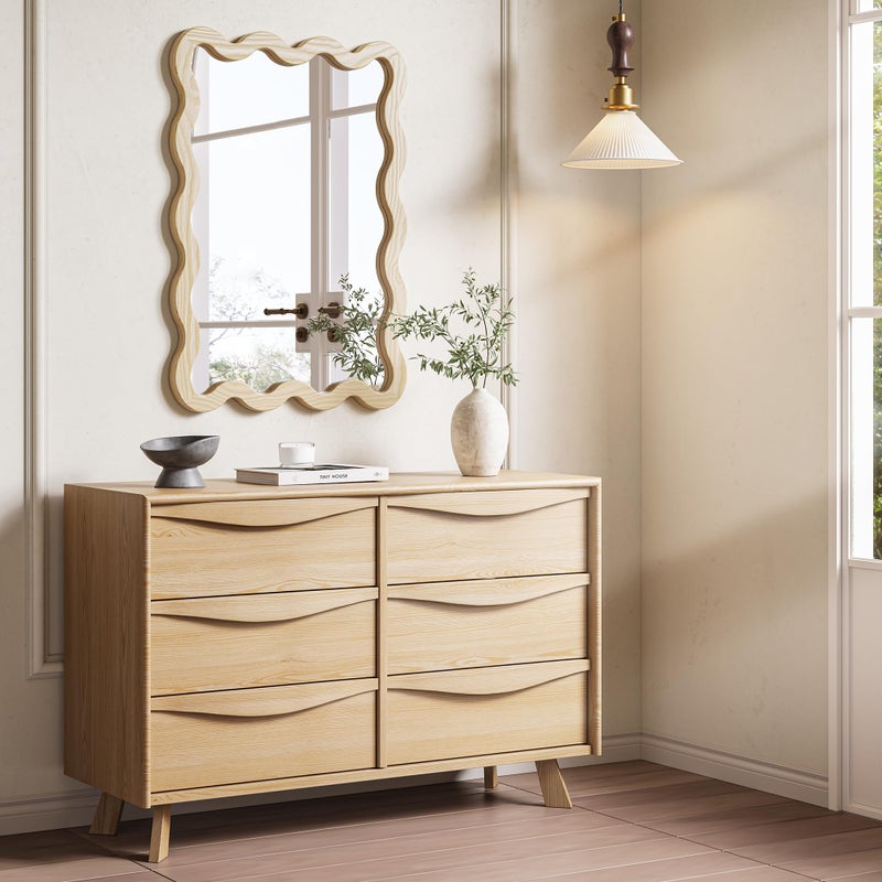 Pocetry 22"x30" Wood Wavy Wall Mirror for Powder Room, Solid Wood Squiggle Mirror for Vanity, Small Asymmetrical Irregular Mirror, Natural Wooden Boho Aesthetic Decor - Image 3