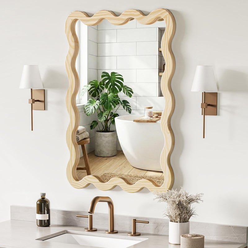 Pocetry 22"x30" Wood Wavy Wall Mirror for Powder Room, Solid Wood Squiggle Mirror for Vanity, Small Asymmetrical Irregular Mirror, Natural Wooden Boho Aesthetic Decor - Image 2