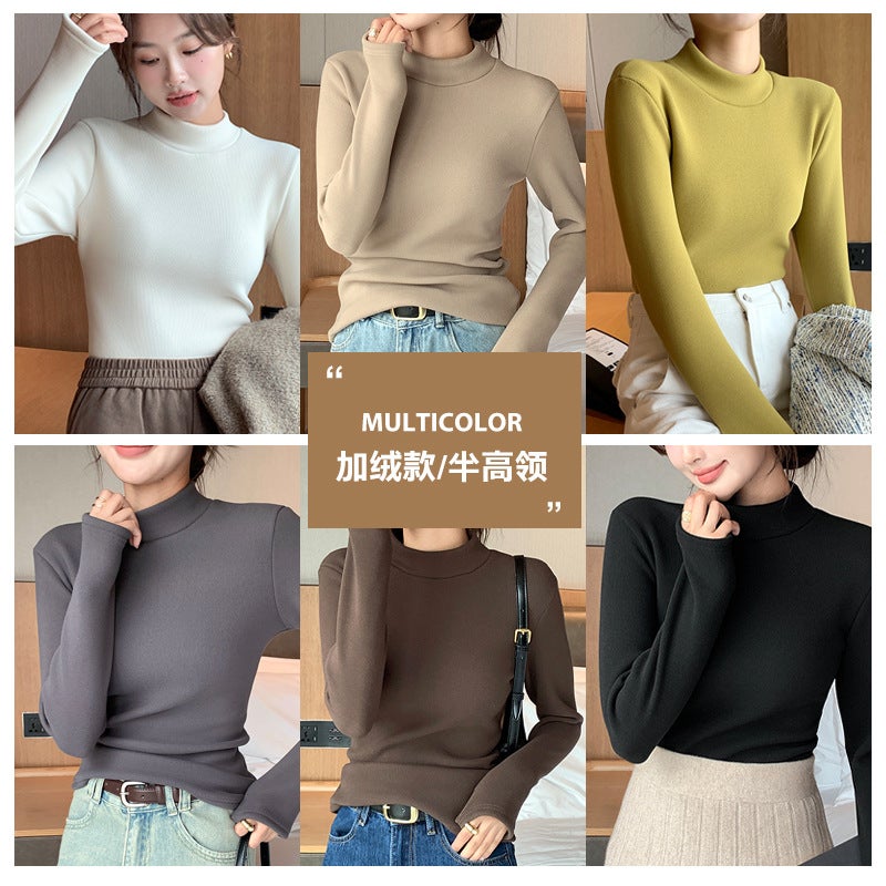 H331 Half-turtleneck Slim-fit Knit Base Shirt fleece-lined Warm Top Autumn and Winter Small turtleneck Women''s Long Sleeve - Image 5