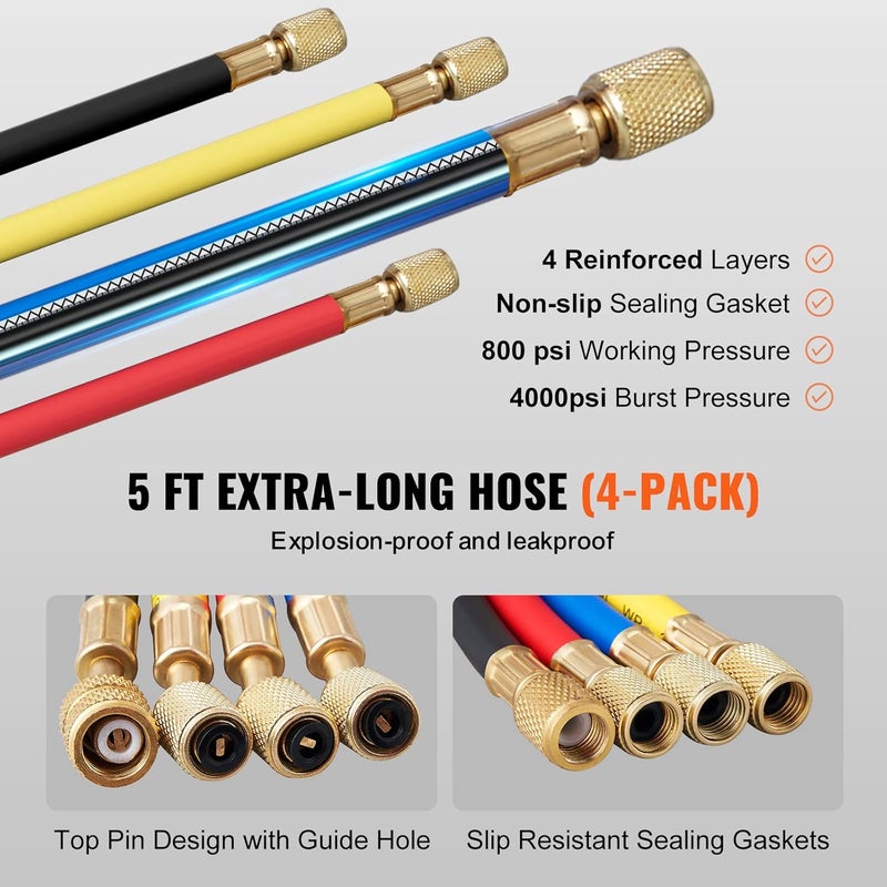 VEVOR 4 Way AC Gauge Set for R134A R22 R12 R410A Refrigerant with 5ft Hoses and Couplers - Image 4