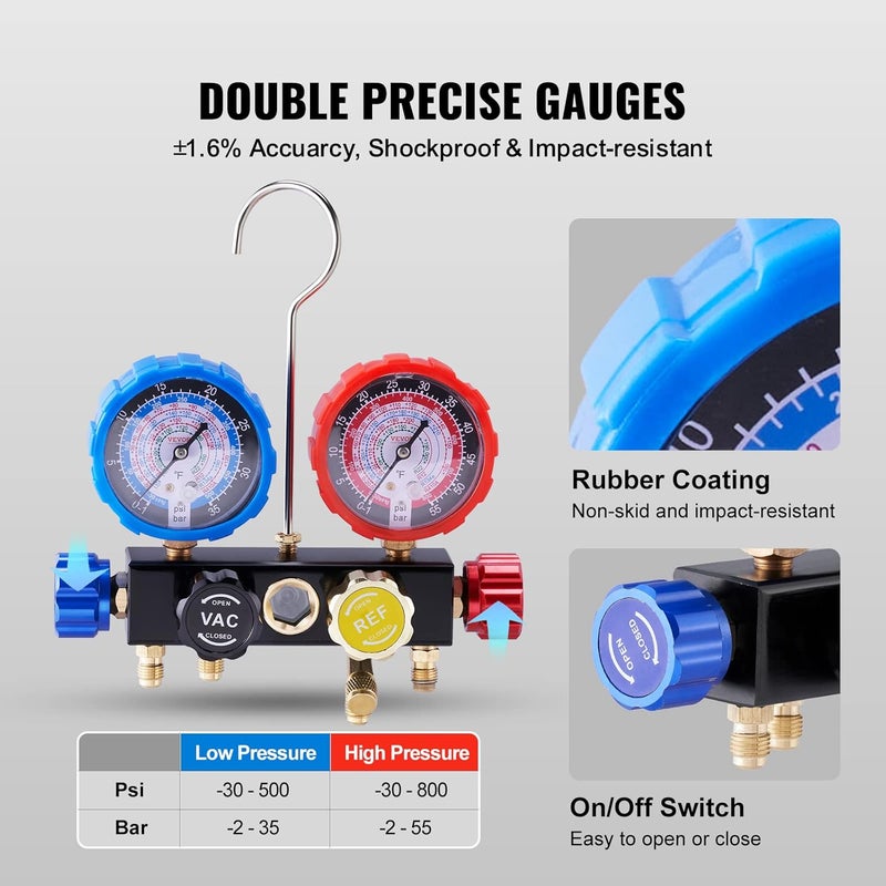 VEVOR 4 Way AC Gauge Set for R134A R22 R12 R410A Refrigerant with 5ft Hoses and Couplers - Image 5