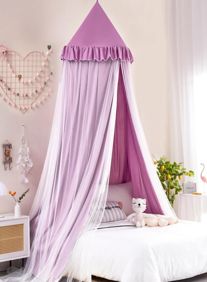 Kertnic 31.5inch Large Dome Bed Canopy for Girls, Double Layer Dreamy Ruffle Princess Canopy, Bedroom Hanging Tent Kids Reading Nook Canopies,Full Queen Bed Canopy Curtain (Dark Magenta-Purple) - Image 2