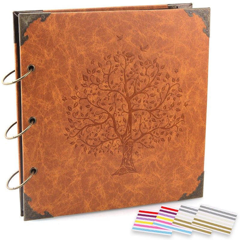 ADVcer Photo Album DIY Scrapbook 10x10 inch 50 Pages Double Sided Vintage Leather Cover ThreeRing Binder Picture Booth 408pcs Self Adhesive Photos Corners for Memory Keep Family Tree Brown Sugar