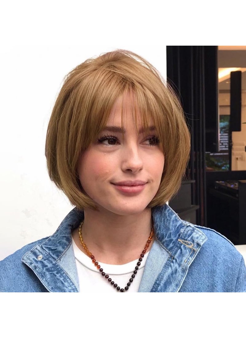 creamily - Creamily 10 Inch Strawberry Blonde Bob Wigs with Bangs Medium Length Blonde Straight Wigs Synthetic Hair Replacement Wig for Women Halloween Costume Cosplay Wigs - Image 1