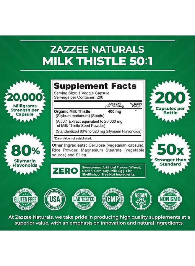 Zazzee Organic Milk Thistle Extract 20000 Mg Strength 200 Vegan Capsules Potent 50:1 Extract 80% Silymarin Flavonoids Contains Organic Milk Thistle Over 6 Month Supply Nongmo And Allnatural - Image 3