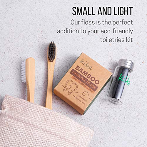 Kiba Bamboo Charcoal Floss w/Reusable Floss Container 5 pc Kit (1 Glass Floss Container + 4x30m Dental Floss Refills) - Eco Friendly Floss w/Candelilla Wax - Mint - Vegan - Image 5