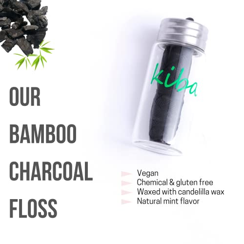 Kiba Bamboo Charcoal Floss w/Reusable Floss Container 5 pc Kit (1 Glass Floss Container + 4x30m Dental Floss Refills) - Eco Friendly Floss w/Candelilla Wax - Mint - Vegan - Image 4