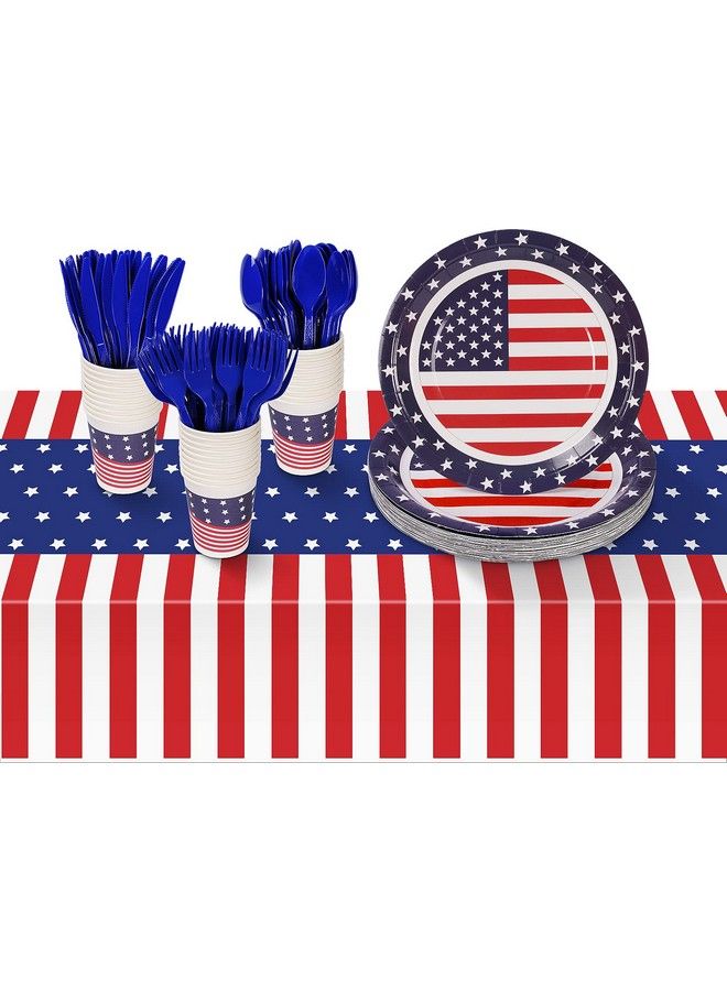 Childom Patriotic Party Supplies152Pcs American Flag Themed Party Set4Th Of July Decorationsamerican Flag Tablecloths4Th Of July Plates Cupsred White And Blue Decor For Fourth Of July Party Outdoor - Image 1