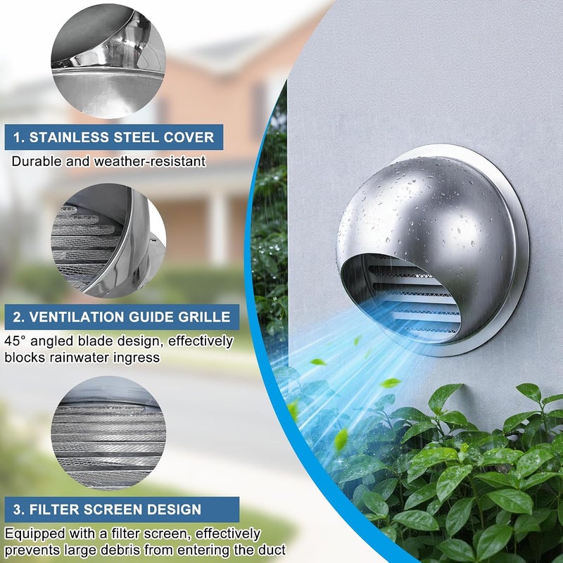 3 Inch/75mm Dryer Vent Cover Stainless Steel Round Air Ventilation Dryer Exhaust Vent Wall Vent Cover Ventilation Grill Hood - Image 3