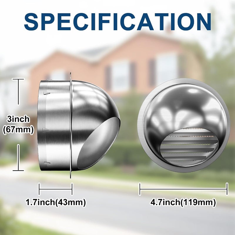 3 Inch/75mm Dryer Vent Cover Stainless Steel Round Air Ventilation Dryer Exhaust Vent Wall Vent Cover Ventilation Grill Hood - Image 2