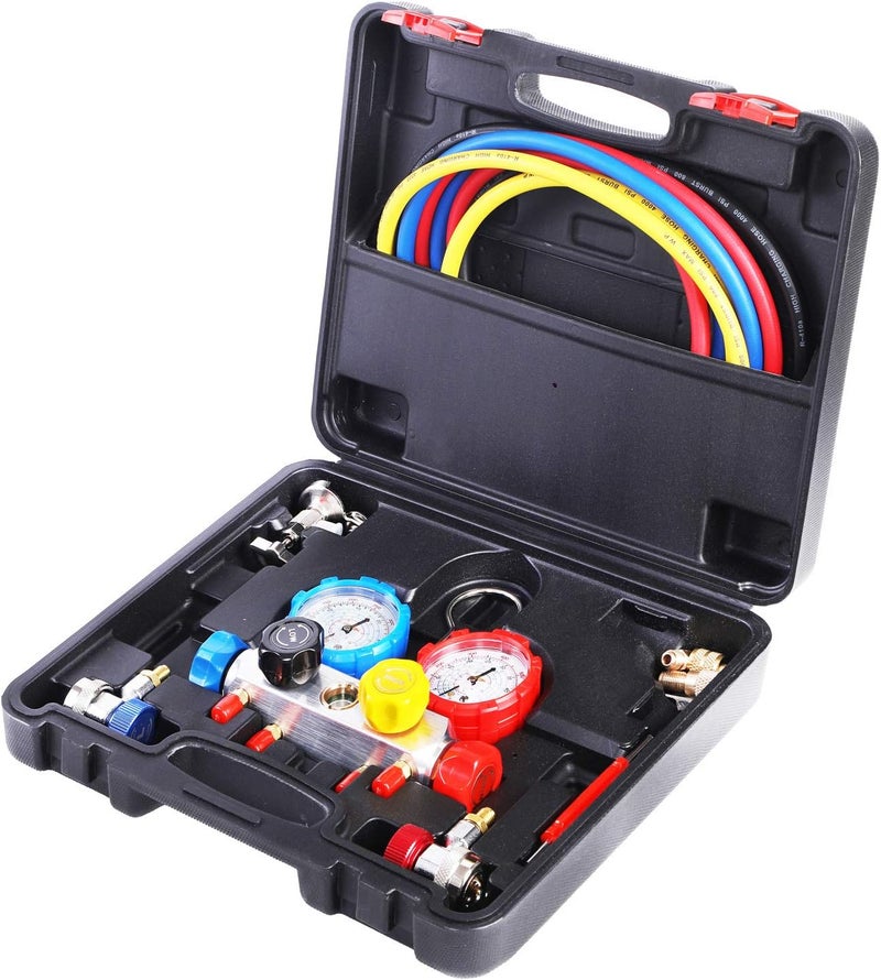 JIFETOR 4 Way AC Manifold Gauge Set with 5FT Hose and Adjustable Quick Couplers - Image 1