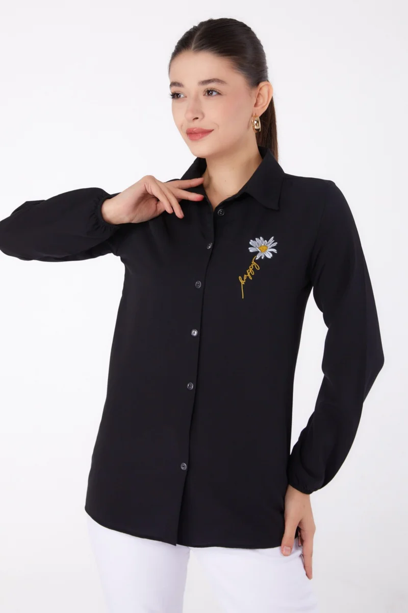 Tofisa Plain Shirt Collar Women's Black Printed Shirt - 13343
