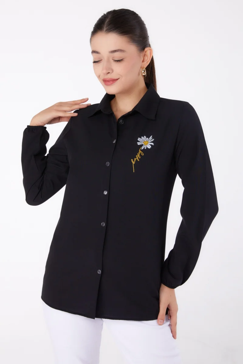 Tofisa Plain Shirt Collar Women's Black Printed Shirt - 13343